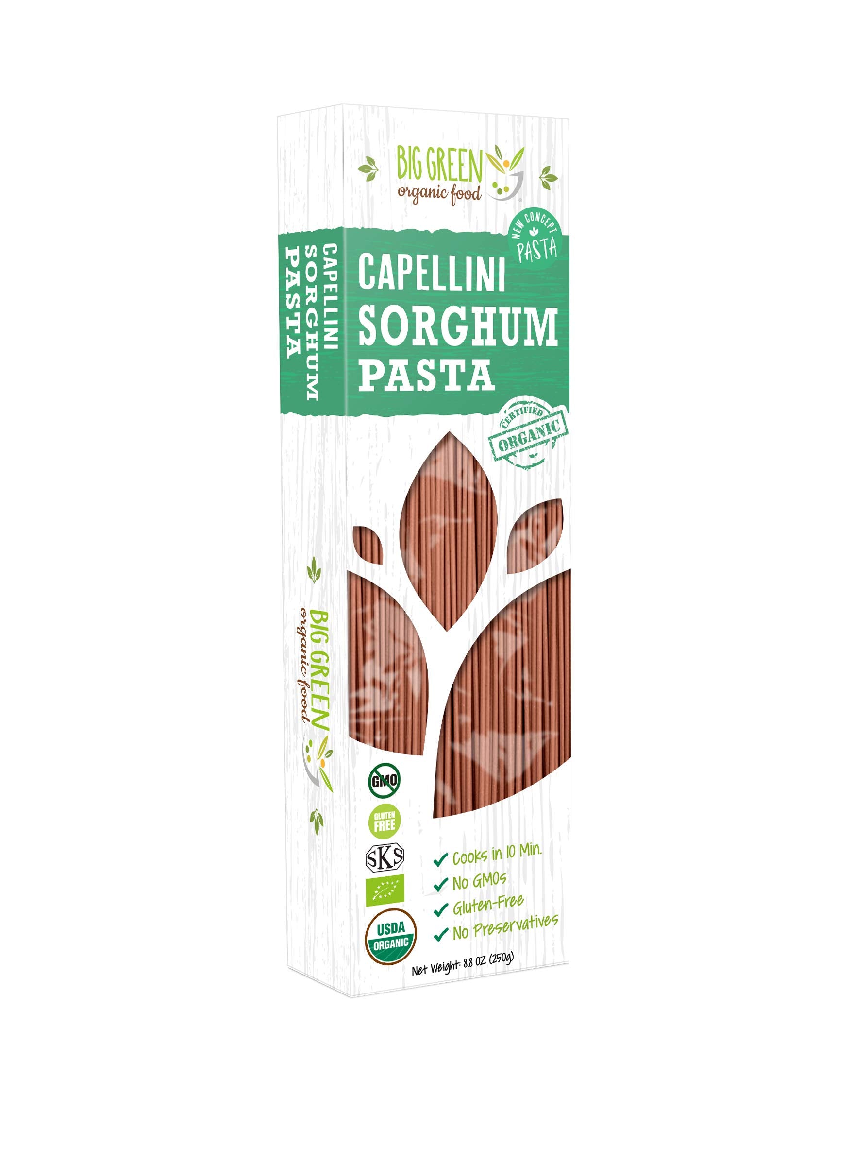 Big Green Organic Food sorghum capellini package highlights gluten-free, non-GMO pasta option
