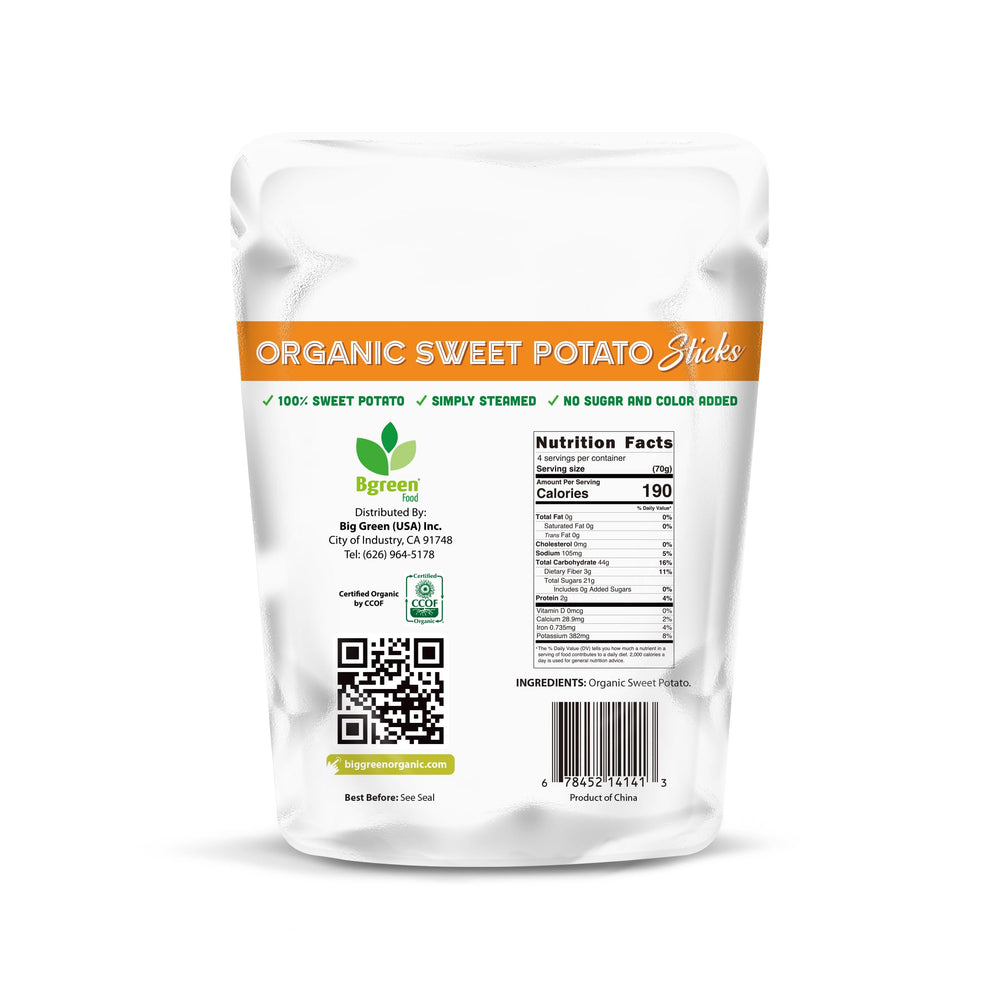 Big Green Organic Food sweet potato sticks closeup showing crisp natural snack for kids.
