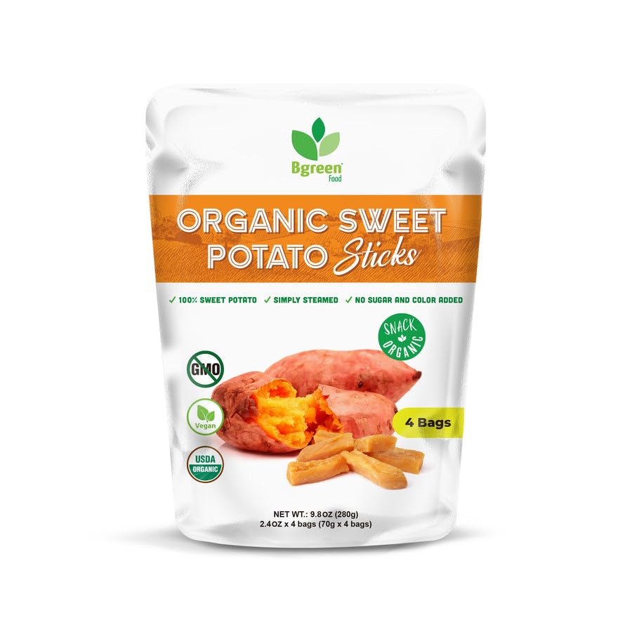Big Green Organic Food sweet potato sticks in package, gluten-free snack for lunchboxes.