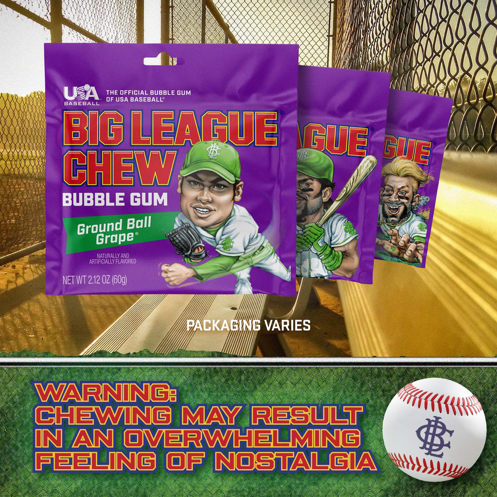 Grape Big League Chew on field as a game-day snack option