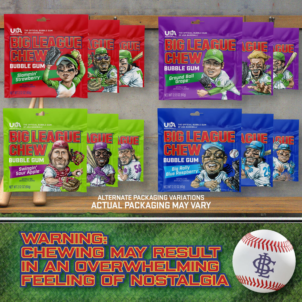 Big League Chew blue raspberry flavor packet showcased for bright aroma and refreshment.