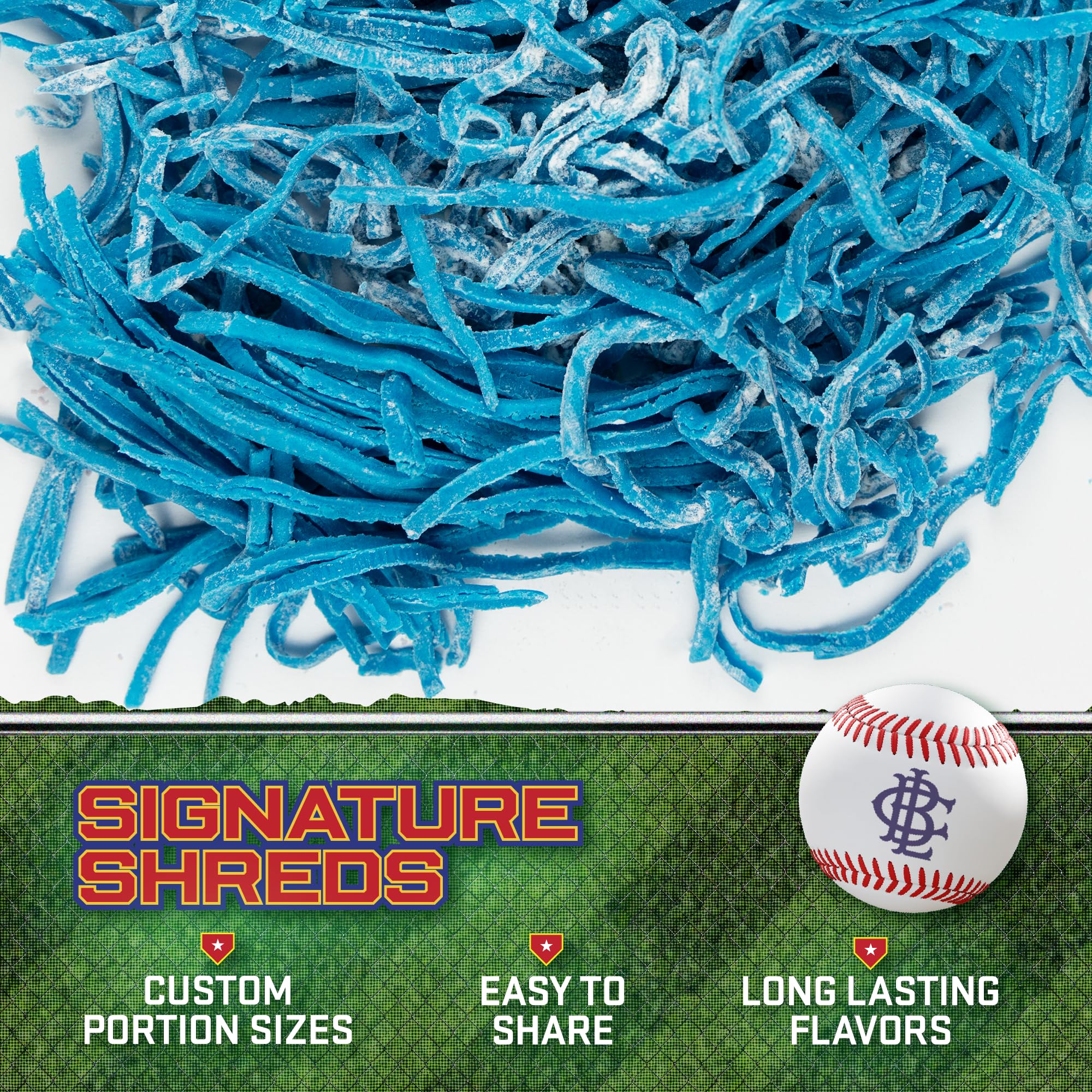 Open Big League Chew Blue Raspberry package shows fresh, sealed packets.