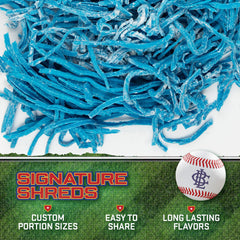 Open Big League Chew Blue Raspberry package shows fresh, sealed packets.