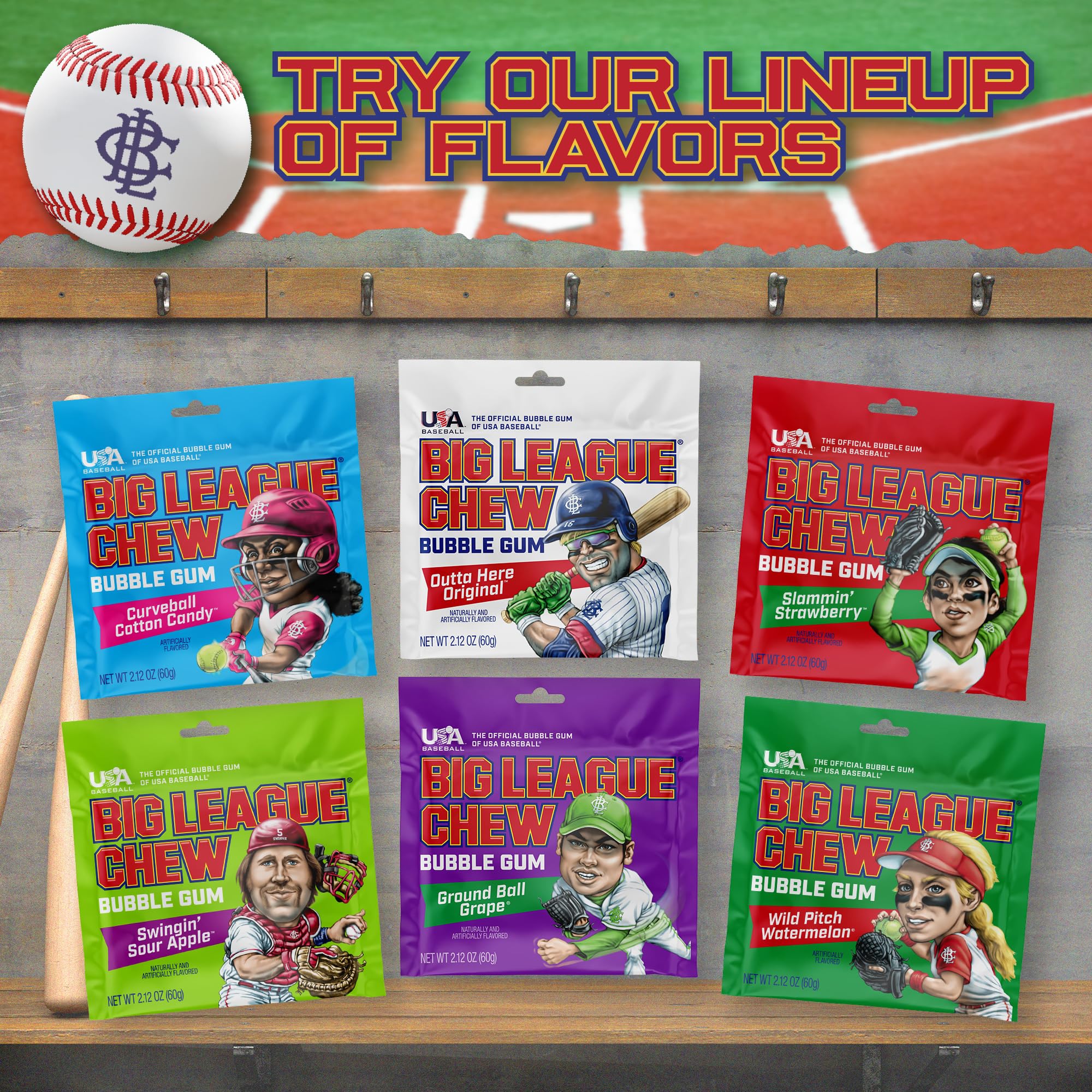 USA-made Big League Chew Blue Raspberry with gluten-free and nut-free profile.