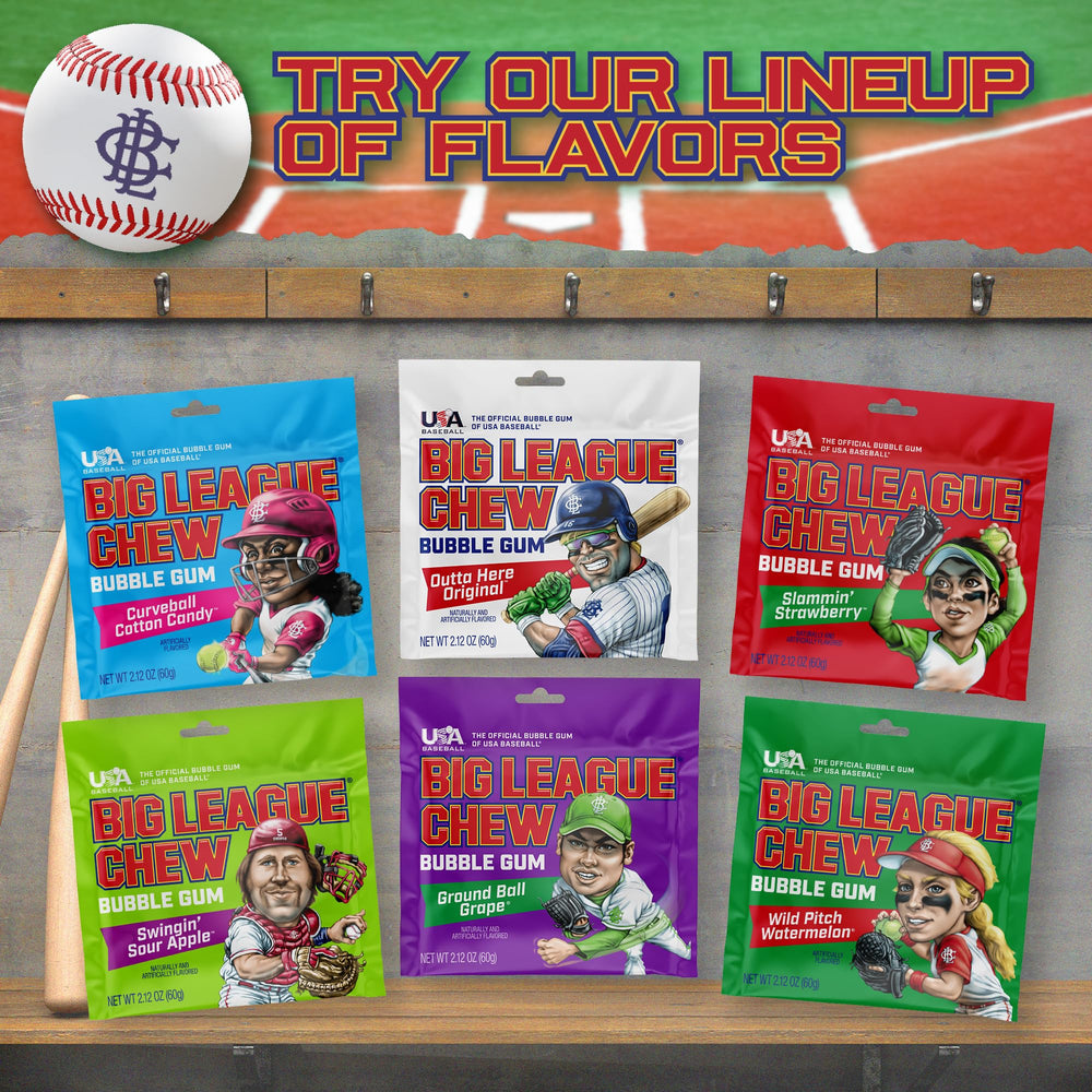 USA-made Big League Chew Blue Raspberry with gluten-free and nut-free profile.
