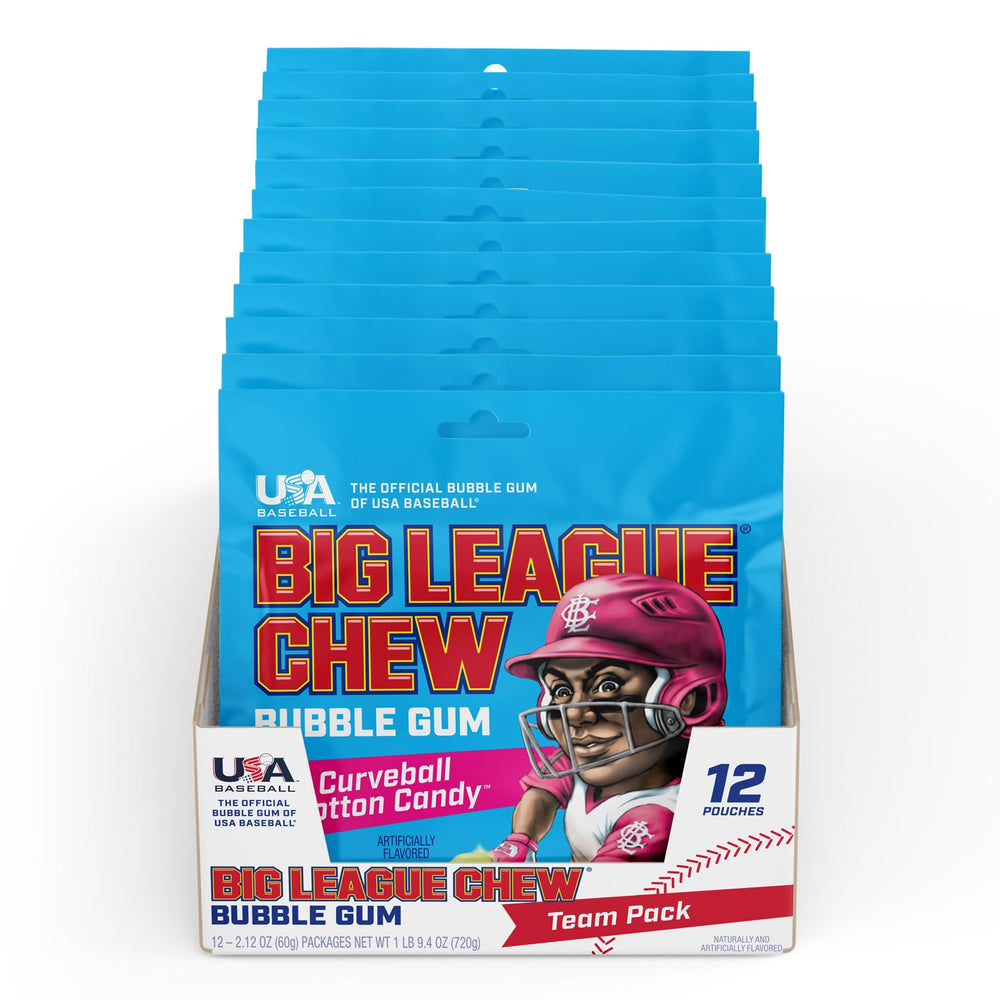 Big League Chew Curveball Cotton Candy Gum shredded texture supports easy sharing with teammates.