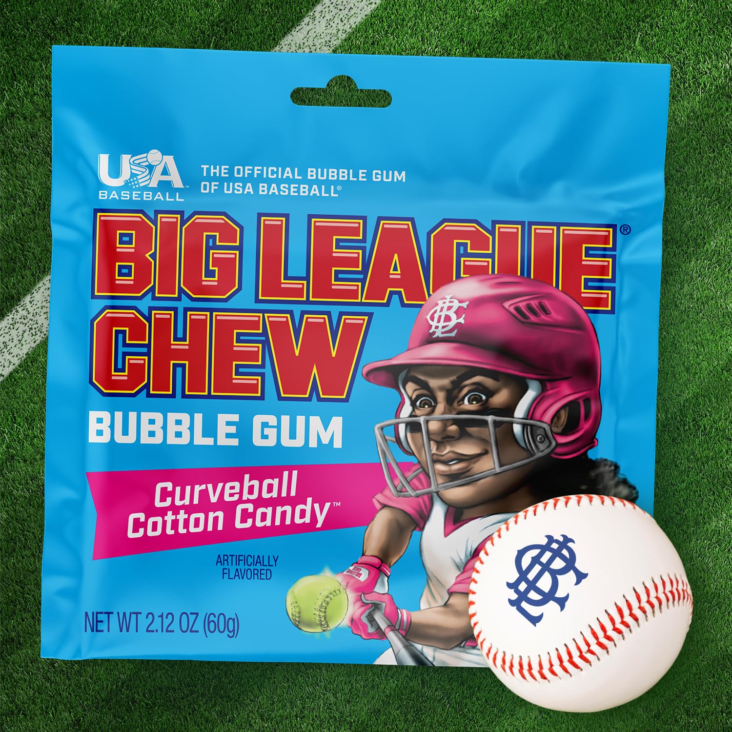 Big League Chew Curveball Cotton Candy Gum stay-fresh pouch seals flavor for later enjoyment.