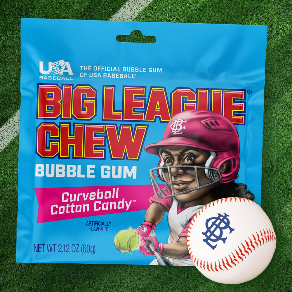 Big League Chew Curveball Cotton Candy Gum stay-fresh pouch seals flavor for later enjoyment.