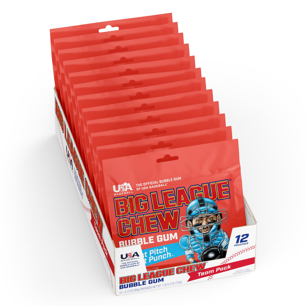 Big League Chew Fruit Punch front label highlights shredded texture for quick chewing.
