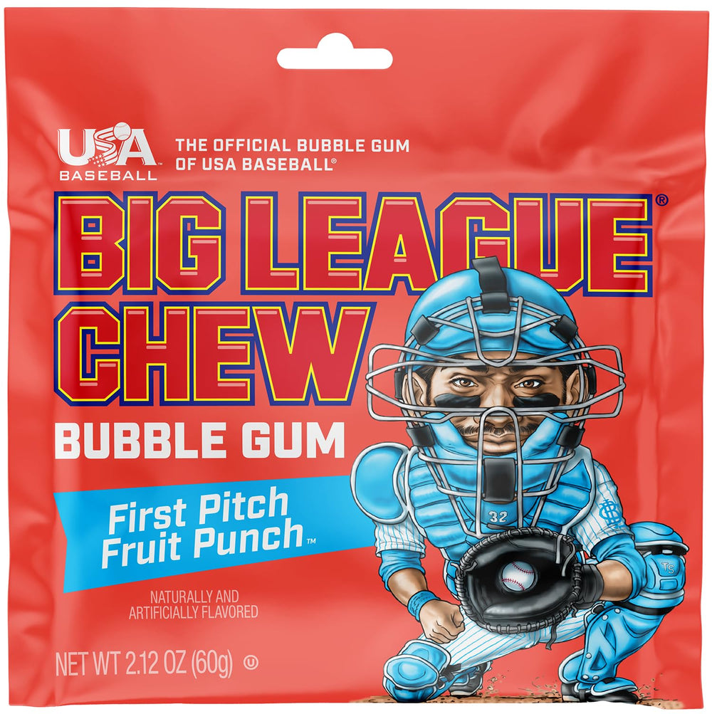 Big League Chew Fruit Punch packaging emphasizes a 12-pack.