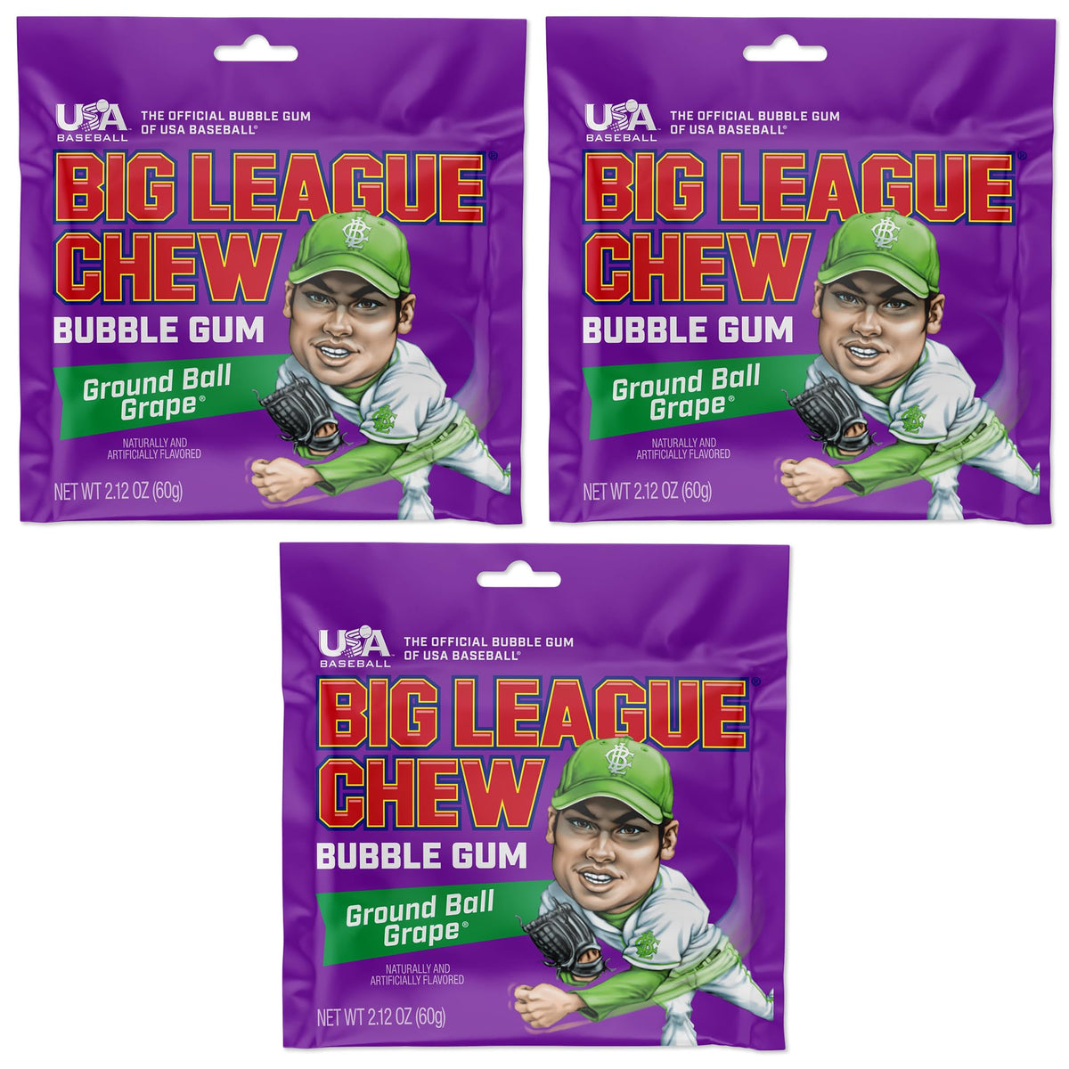 Big League Chew Grape 3-pack packaging showing a team-ready display