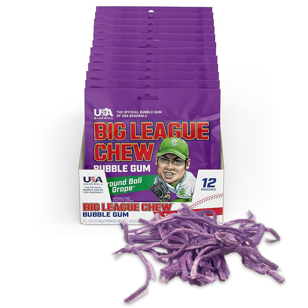 Big League Chew Ground Ball Grape gum pouch on dugout shelf for game-day flavor.