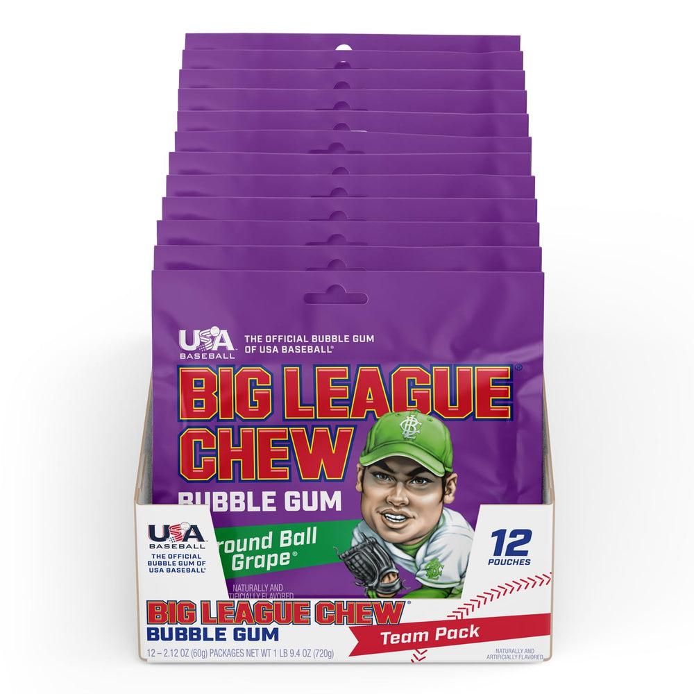 Pack of Big League Chew Ground Ball Grape bags ready for team workouts.