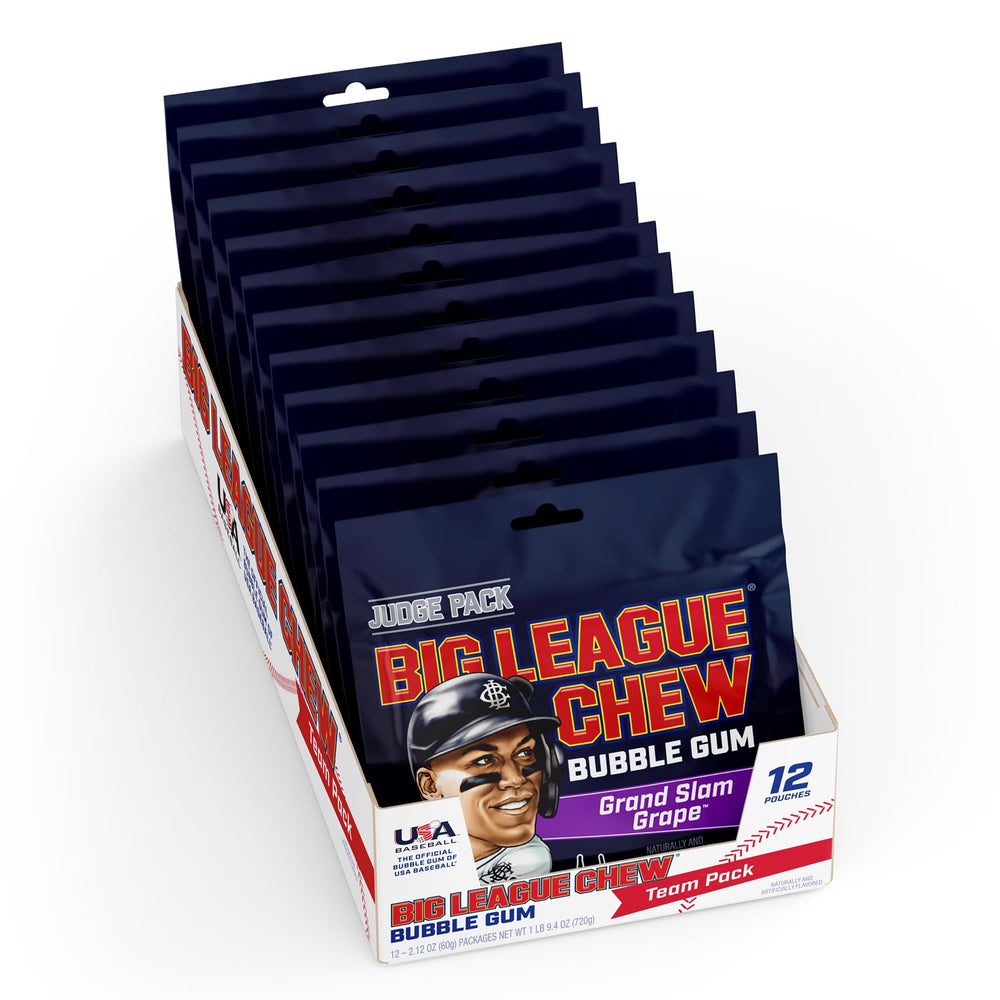 Big League Chew Judge Pack Grand Slam Grape bags for on-the-go game snacking.