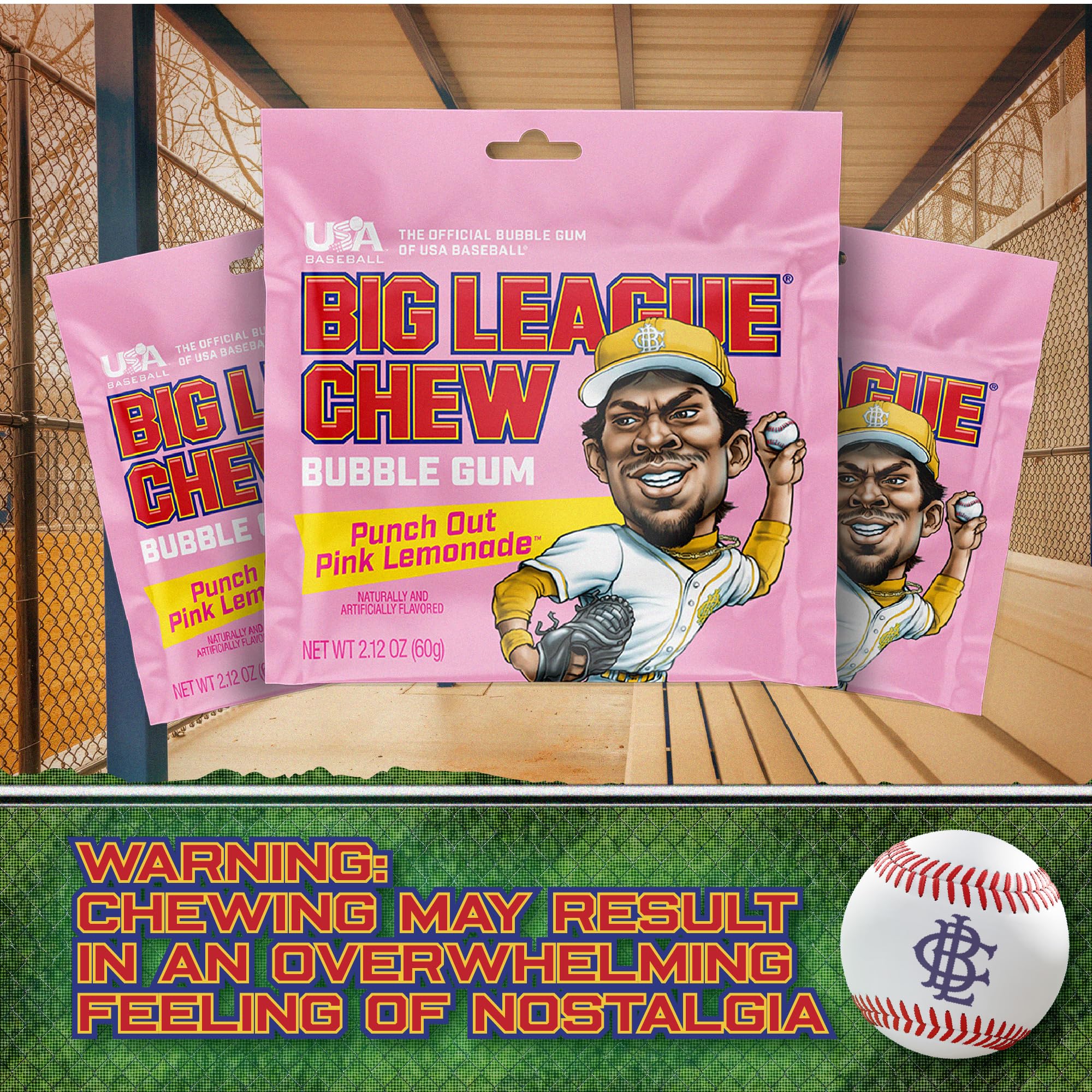 Big League Chew Pink Lemonade 2.12oz pouch ready for dugout use.