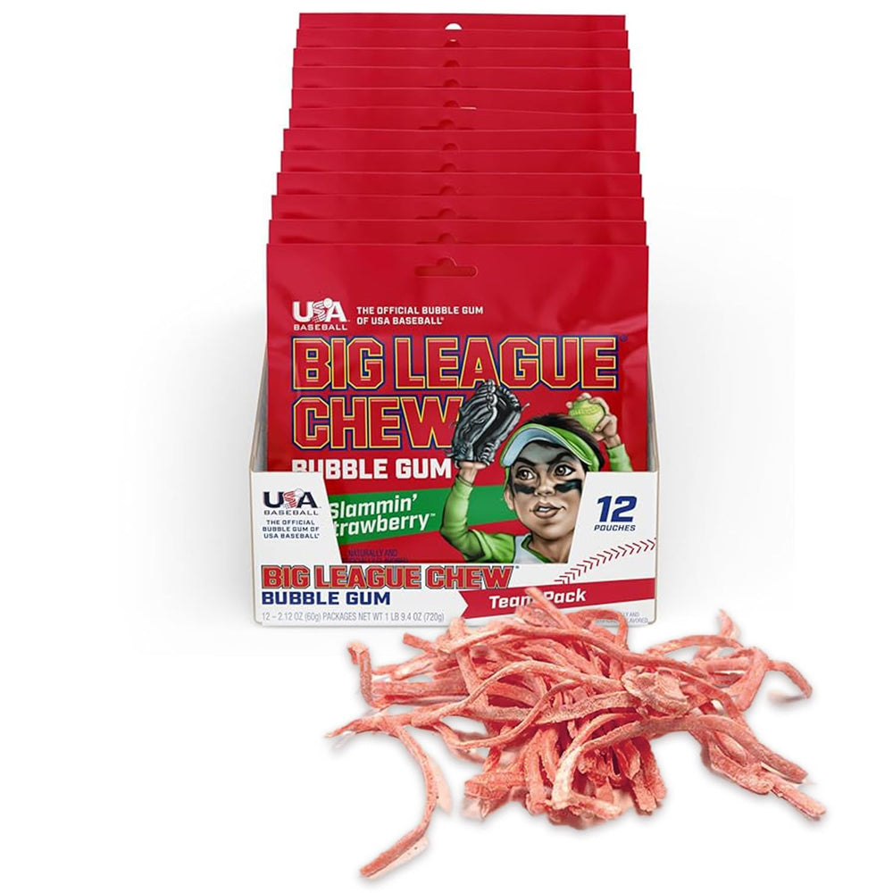Big League Chew Slammin Strawberry bubblegum pack of 12 bags for team snacks