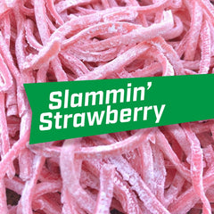 Big League Chew Slammin Strawberry bubblegum pouch on a shelf, ready for on-the-go snacking