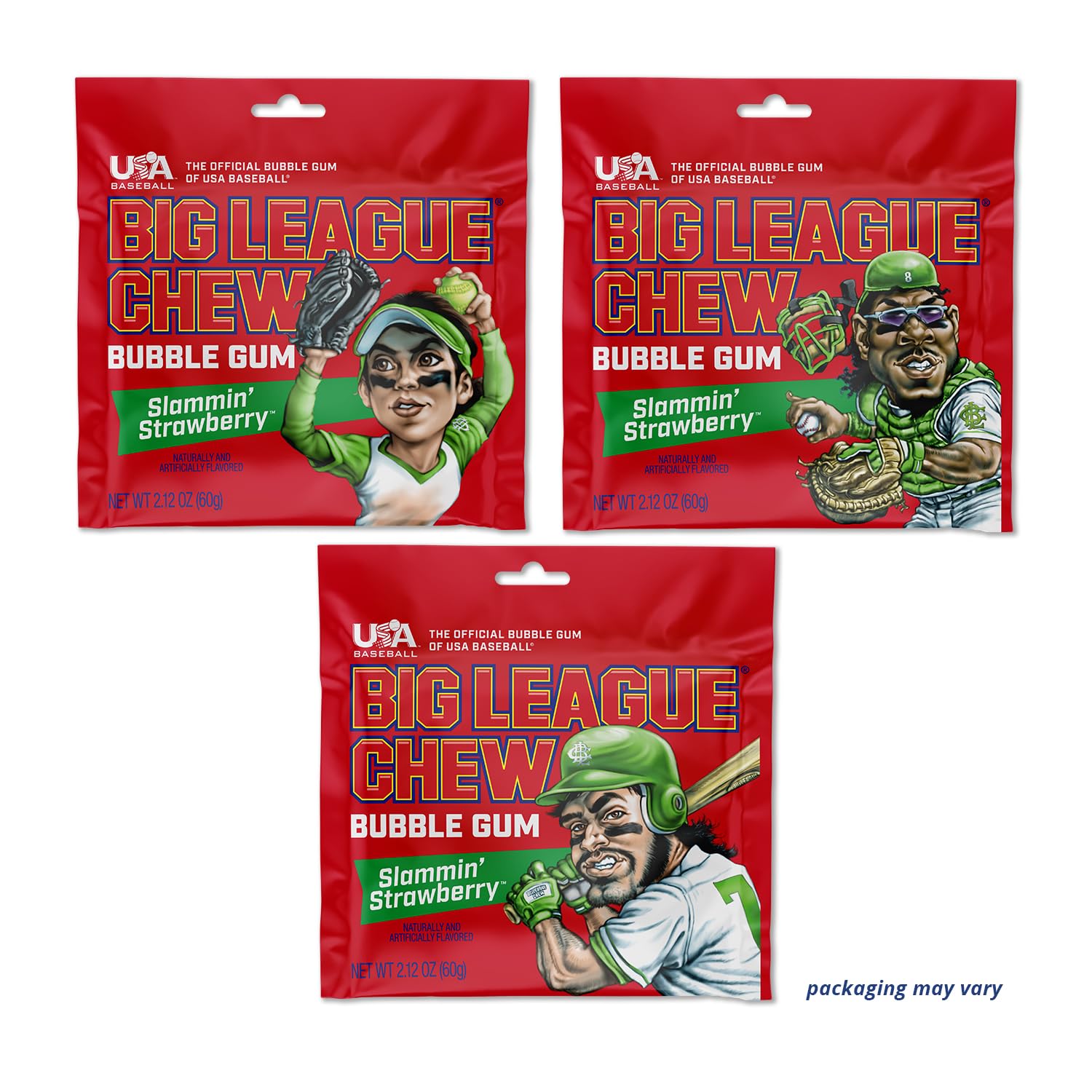 Big League Chew Slammin Strawberry bubblegum next to trading cards during a break