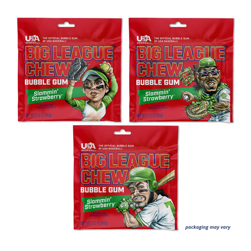 Big League Chew Slammin Strawberry bubblegum next to trading cards during a break