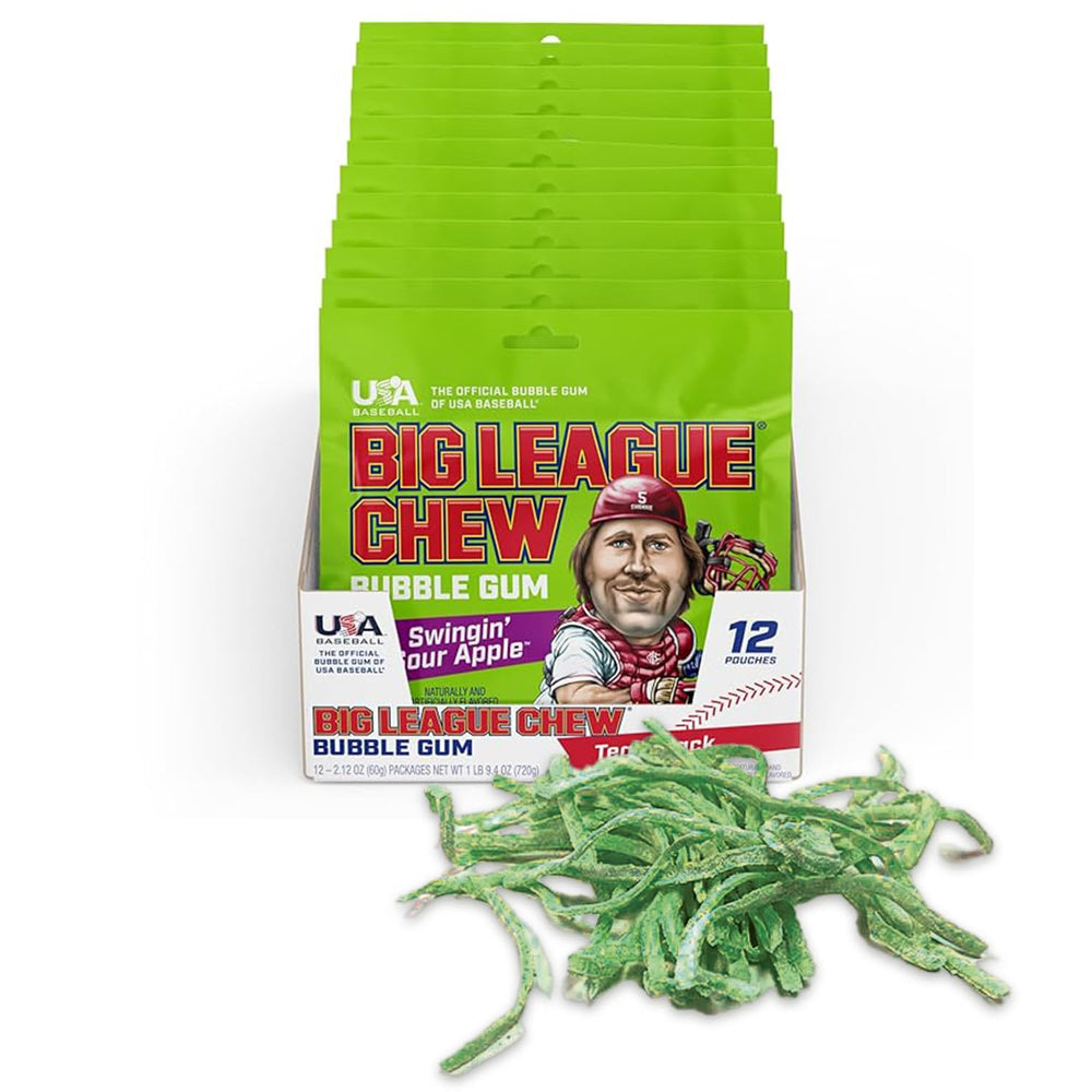 Big League Chew Swingin' Sour Apple gum pack with bold sour-apple flavor for game day snacking