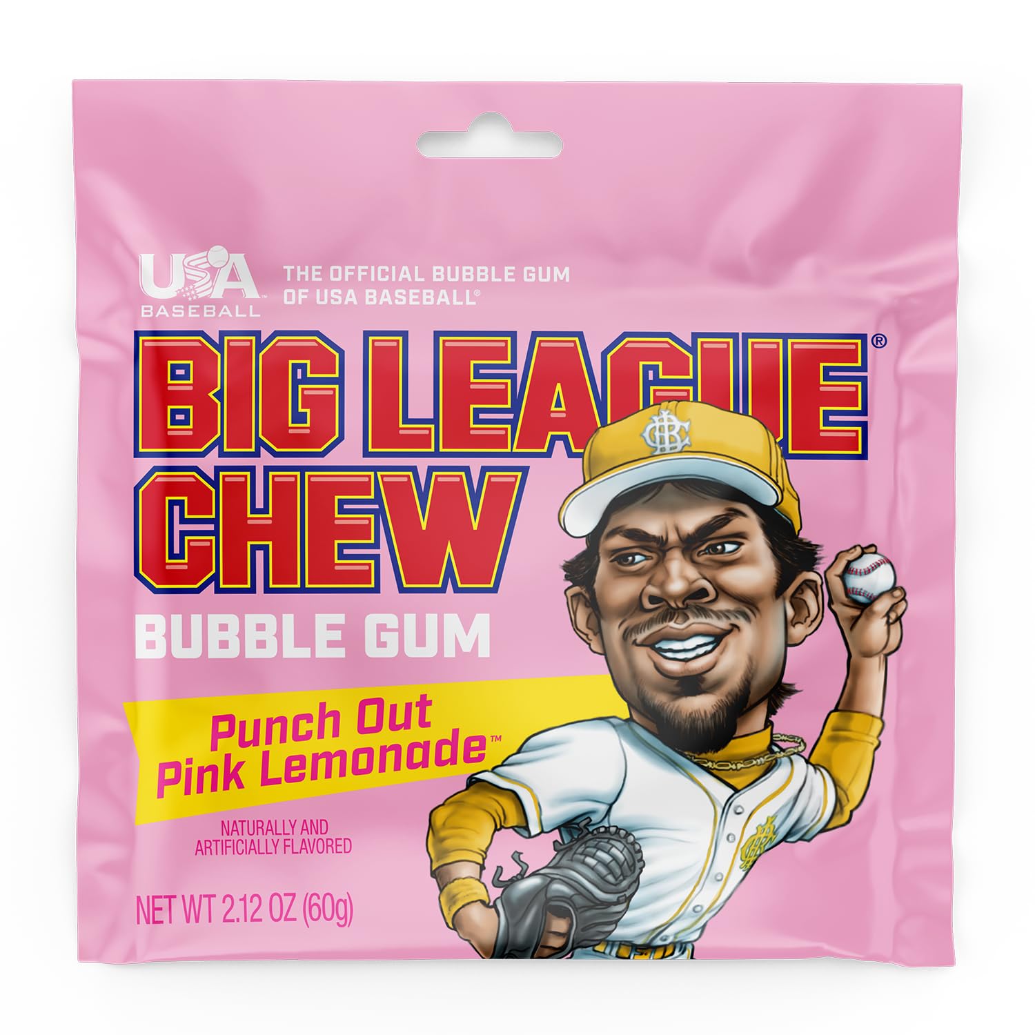 Big League Chew tearing pink lemonade portion highlights quick, sharable snack during games.