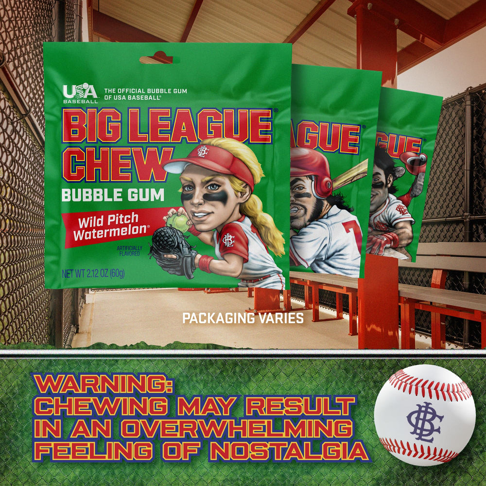 Playful bubbles form as Big League Chew Watermelon Bubble Gum is chewed.