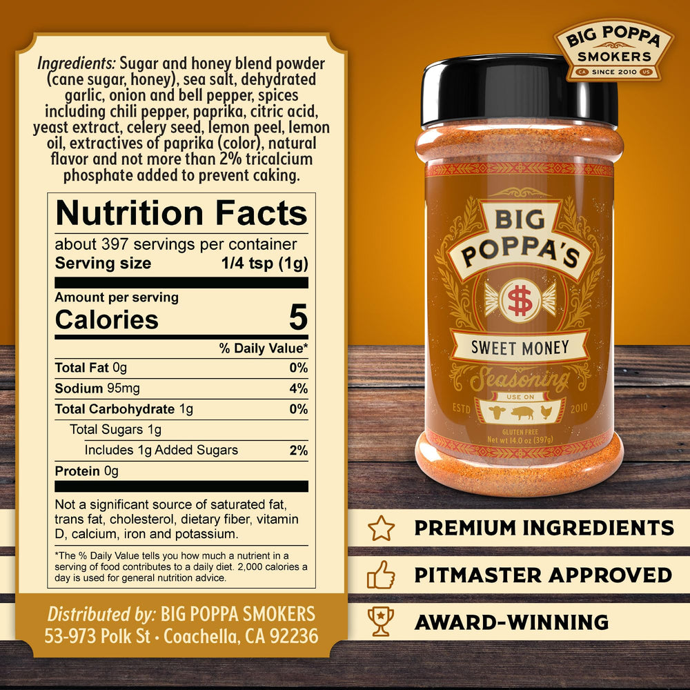 Big Poppa’s Sweet Money shaker dusting ribs for balanced sweet-savory flavor