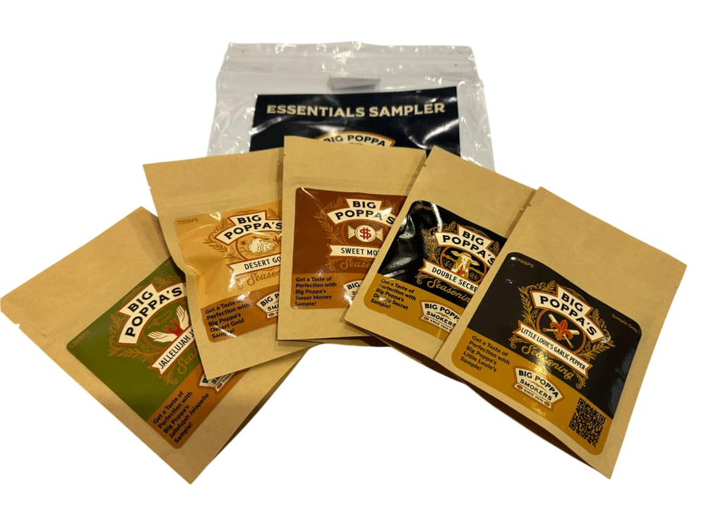 Lineup of five 2 oz Big Poppa’s Essentials jars for tasting before committing