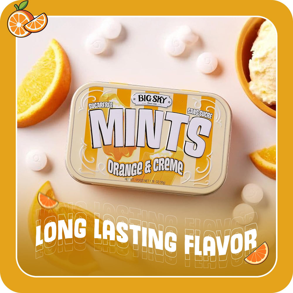 Open tin reveals creamy orange creme mints ready to melt.