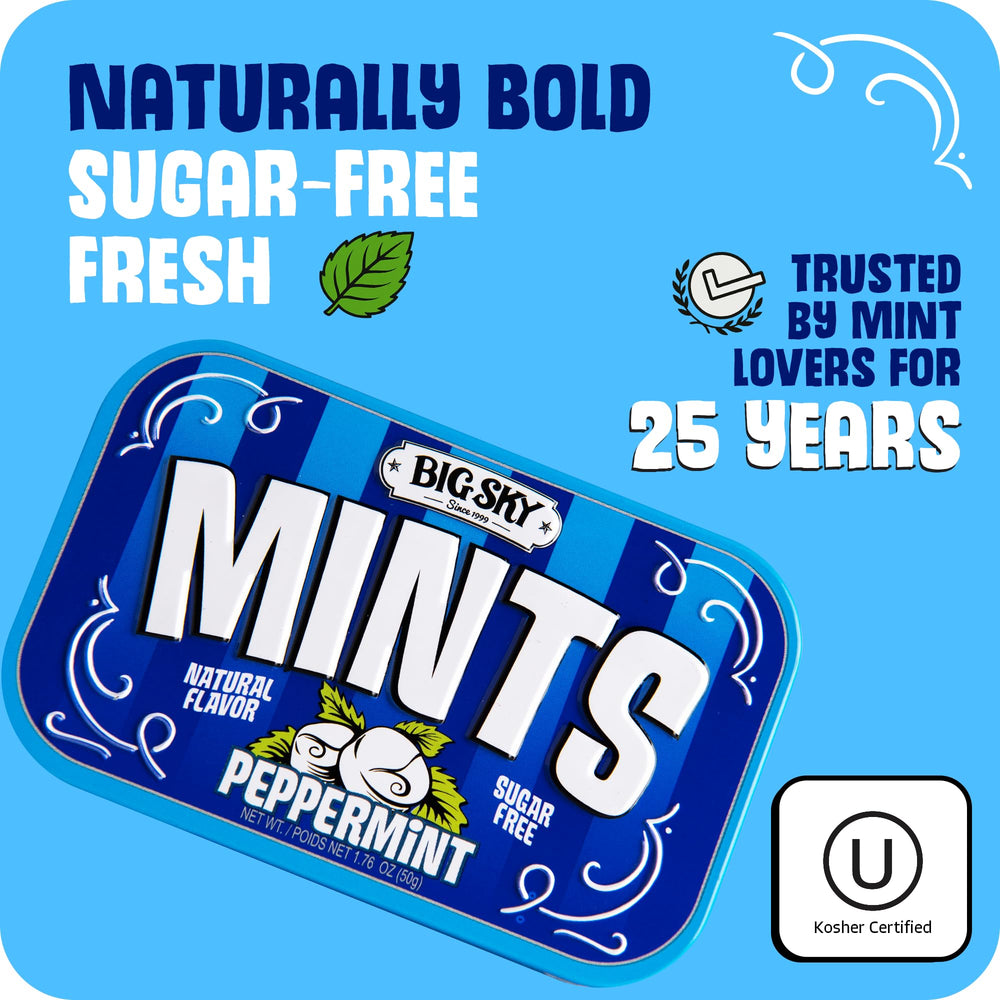 Travel-ready Big Sky mints in a six-tin display tray