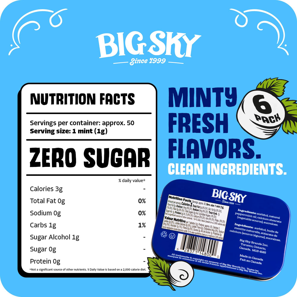 Big Sky Peppermint Mints display pack with six tins for sharing