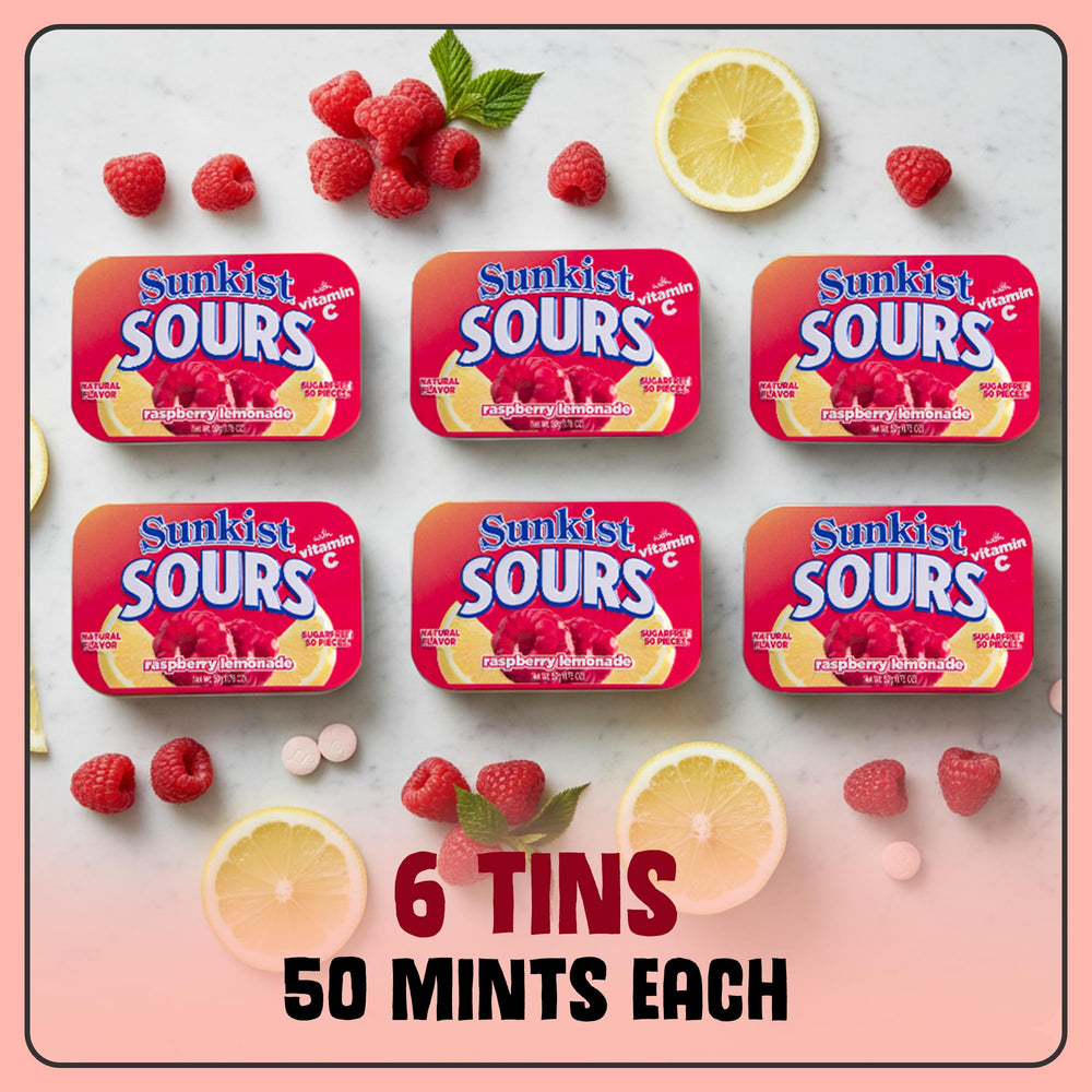 BIG SKY Sunkist Sours Raspberry Lemonade Candy tin featuring vegan, gluten-free icons.