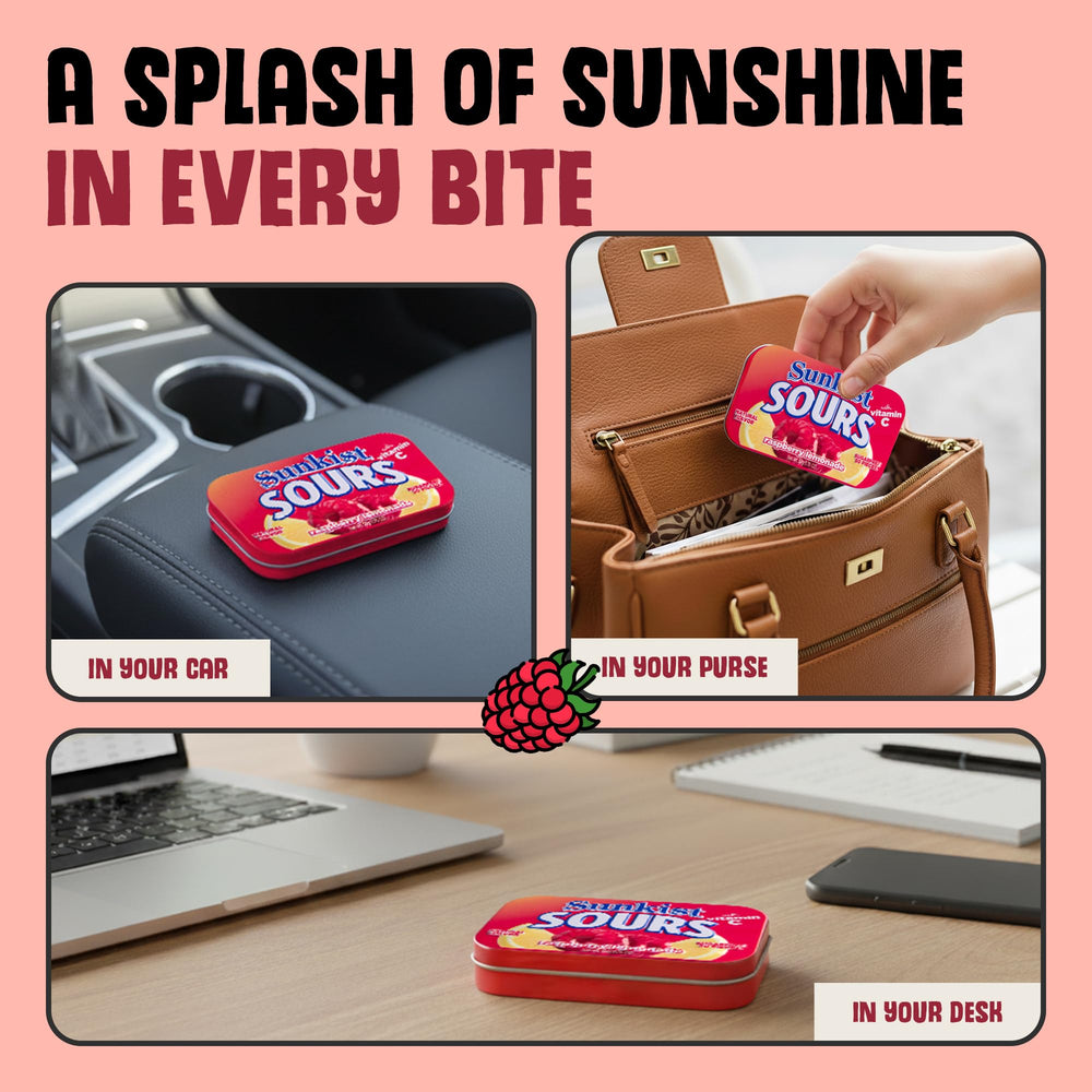 BIG SKY Sunkist Sours Raspberry Lemonade Candy tin with vitamin C claim.