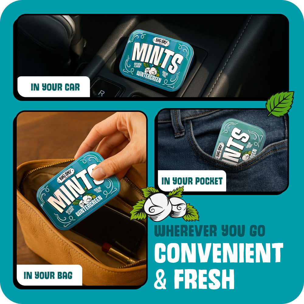 Big Sky Wintergreen Mints resealable tin preserves freshness on the go.