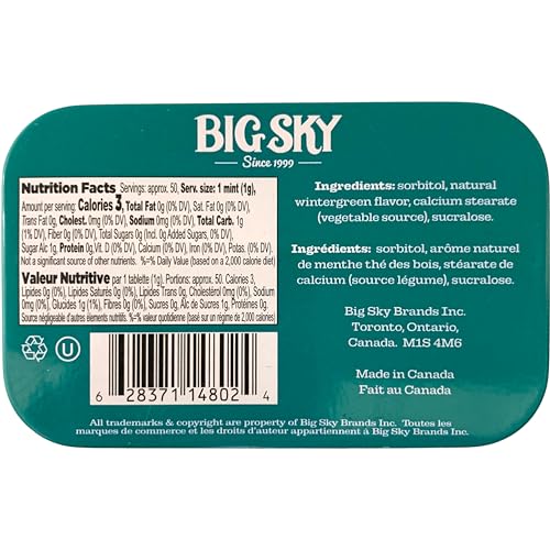Big Sky Wintergreen Mints sugar-free label indicating no added sugars.