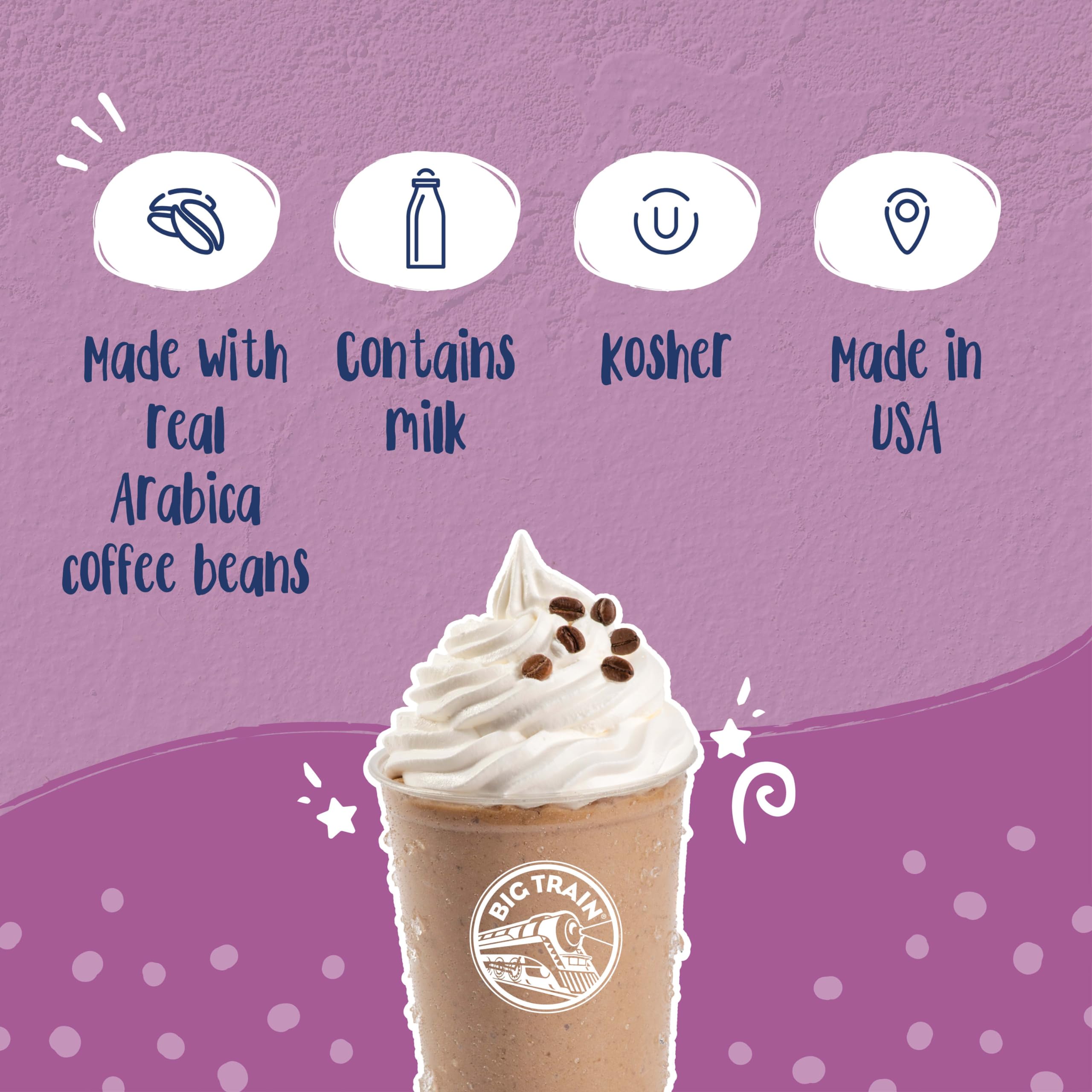 Big Train Blended Ice Coffee Mix pack label emphasizing quality ingredients.