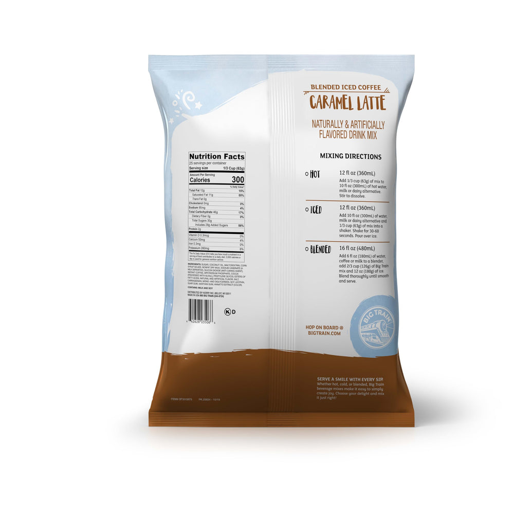 Big Train Caramel Latte bag back shows ingredients and easy preparation for quick beverages