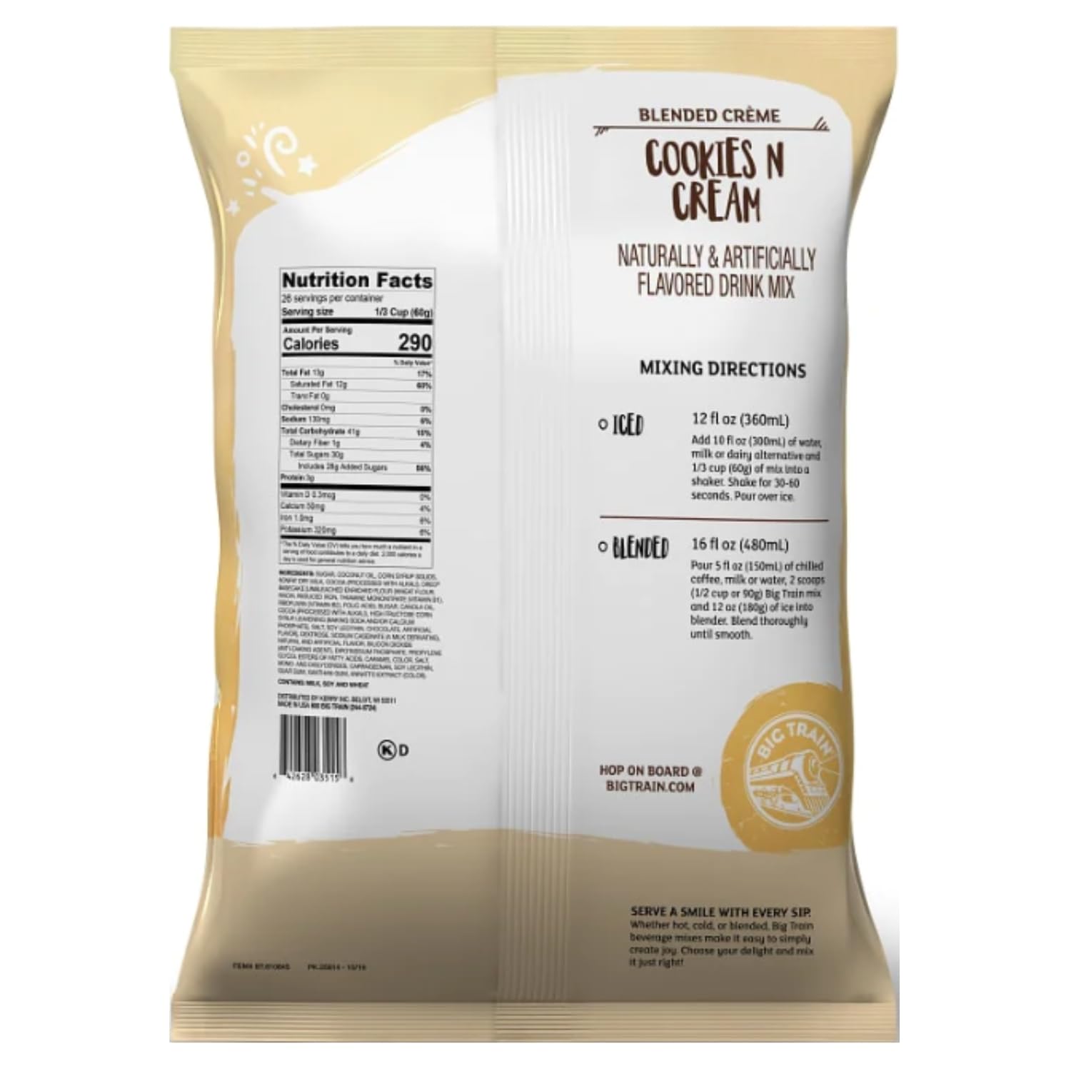 Cup of Big Train Cookies N Cream frappe mix ready to blend into creamy refreshments