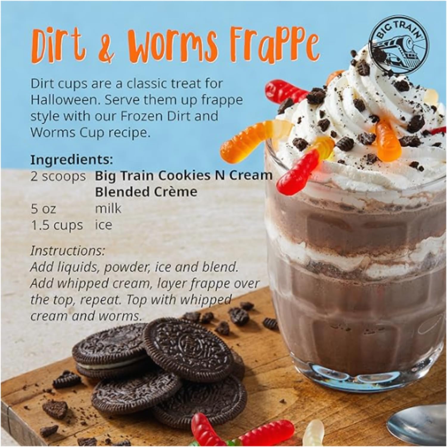 Front packaging of Big Train Cookies N Cream blended crème mix