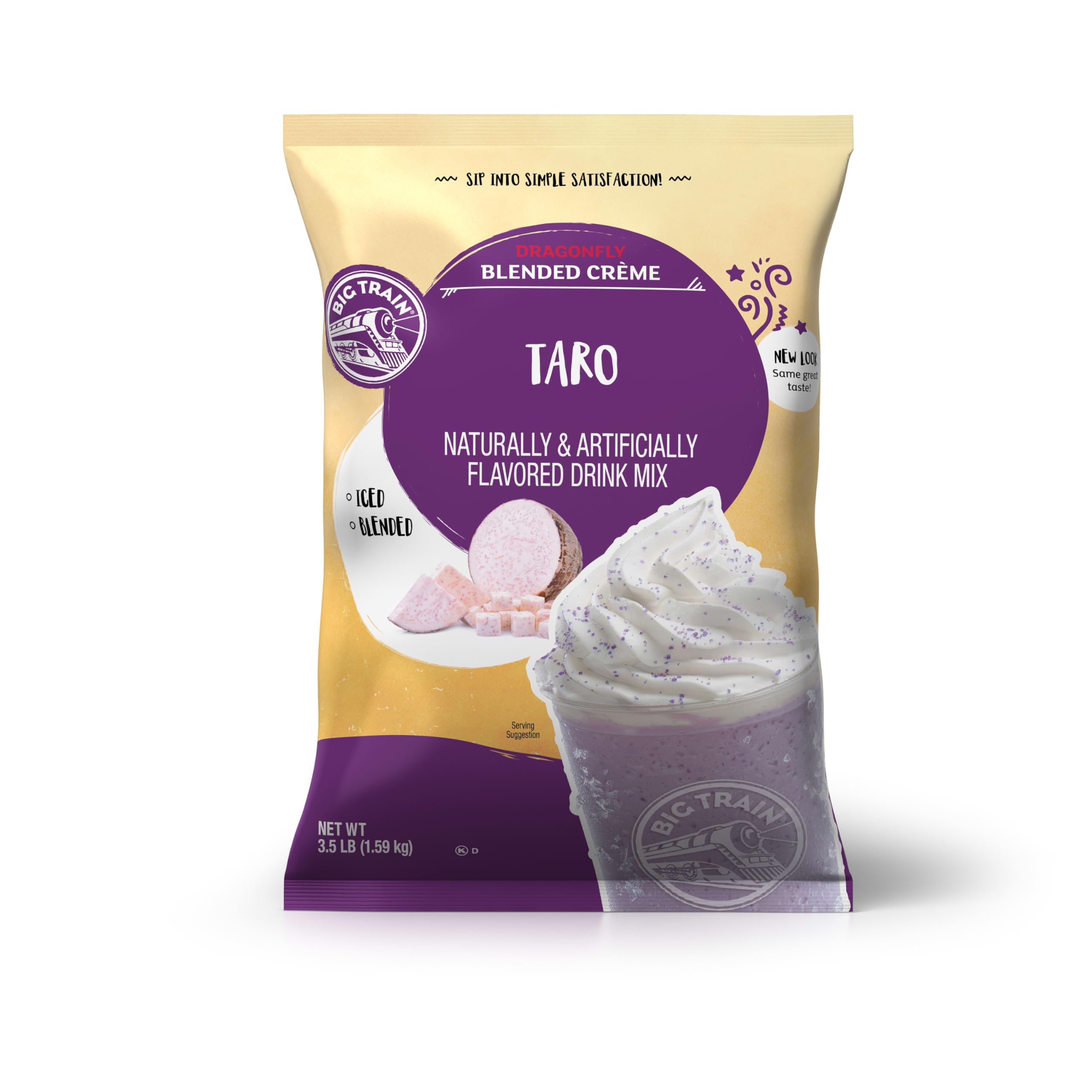 Big Train Dragonfly Taro Blended Creme bottle pour with tropical creamy texture.
