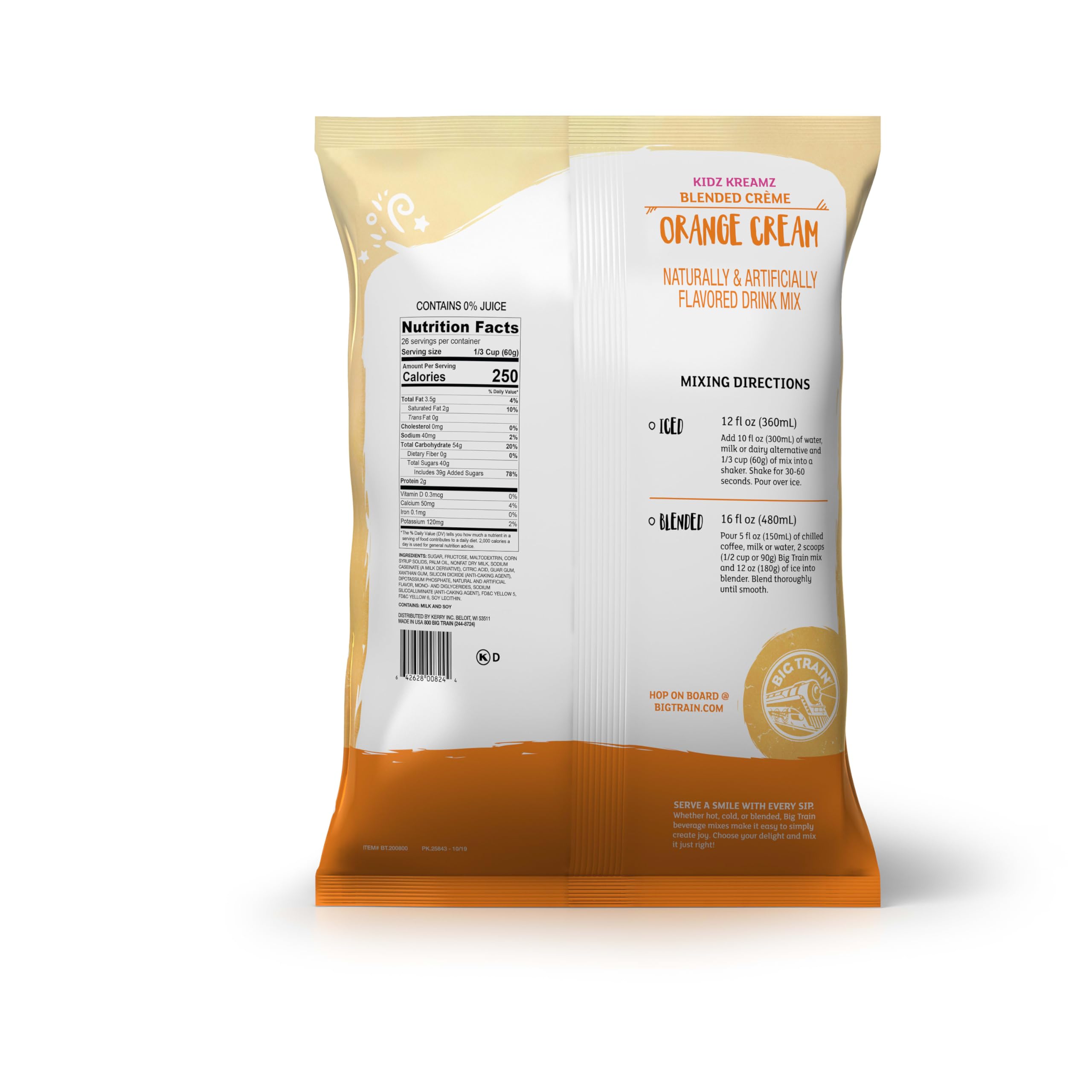 Big Train Kidz Kreamz orange cream base mix delivers quick, cafe-style beverages at home.