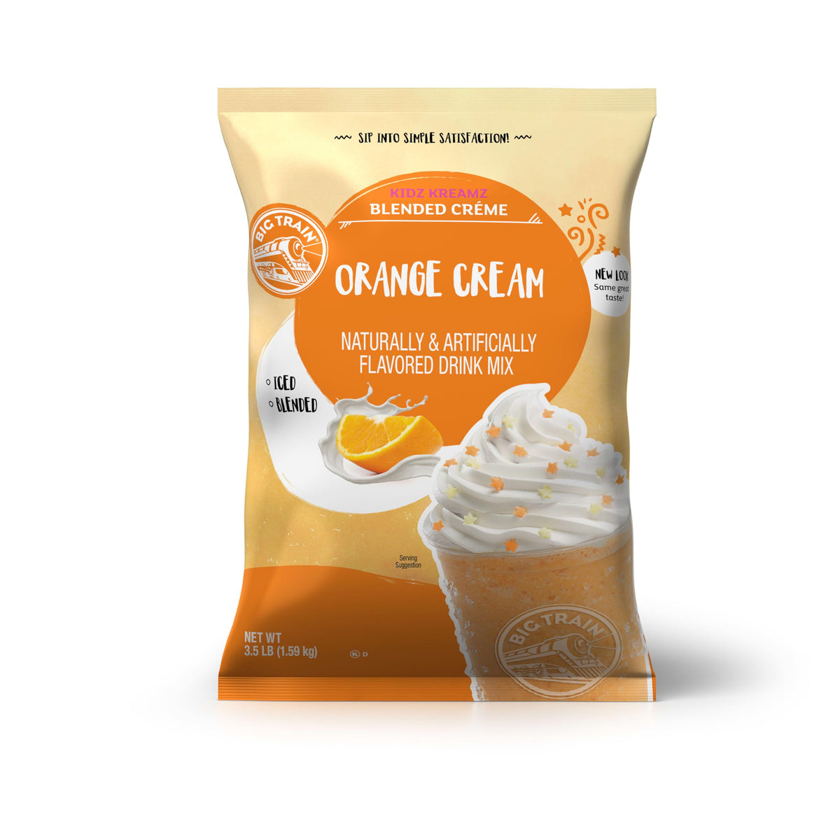 Big Train Kidz Kreamz orange cream blended frappe—a creamy, kid-friendly treat ready to mix.