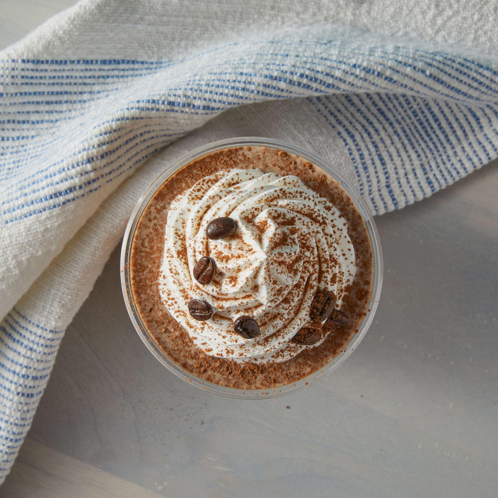 Café-style blended mocha in tall glass using Big Train mix