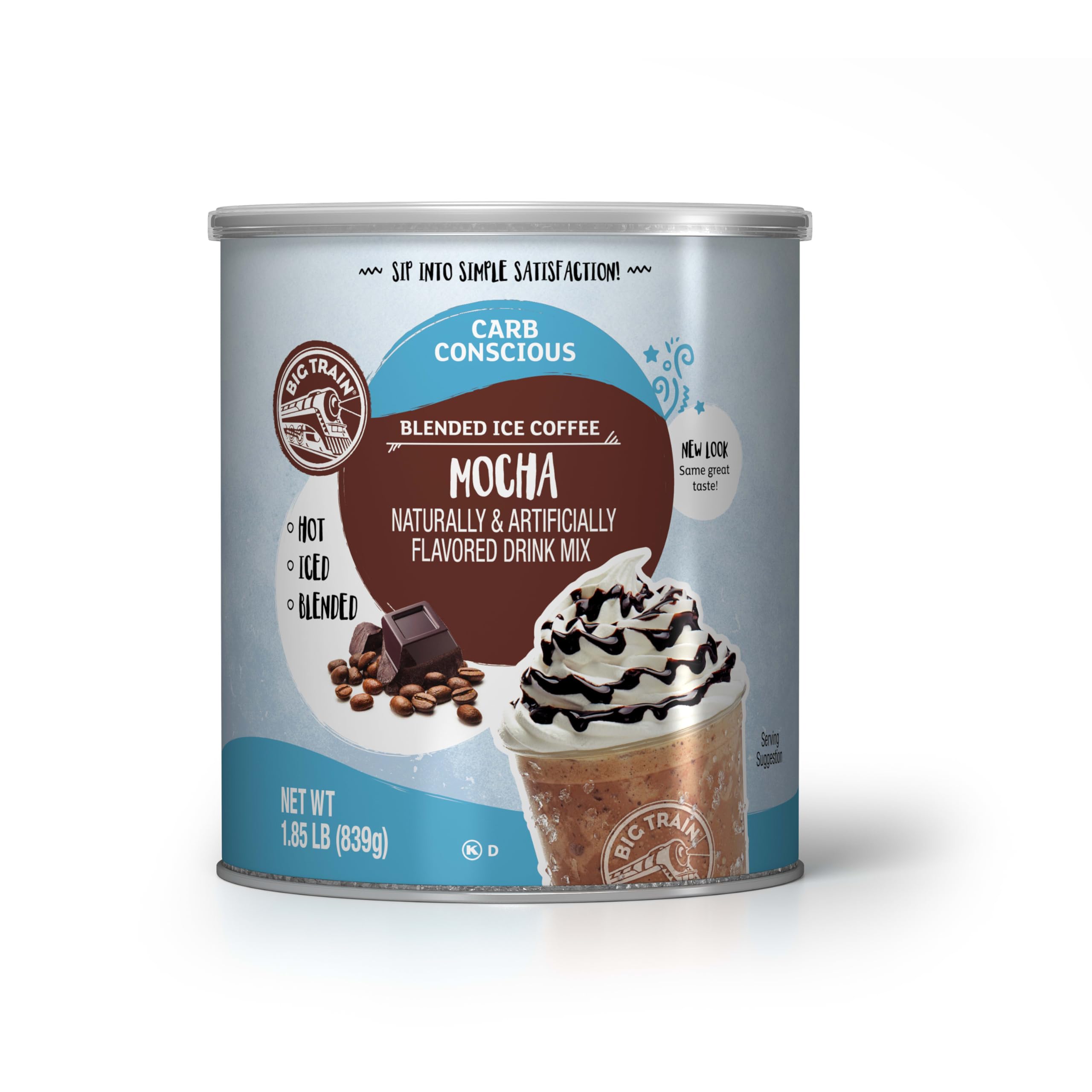 Big Train Low Carb Mocha blend tub close-up for at-home iced coffee