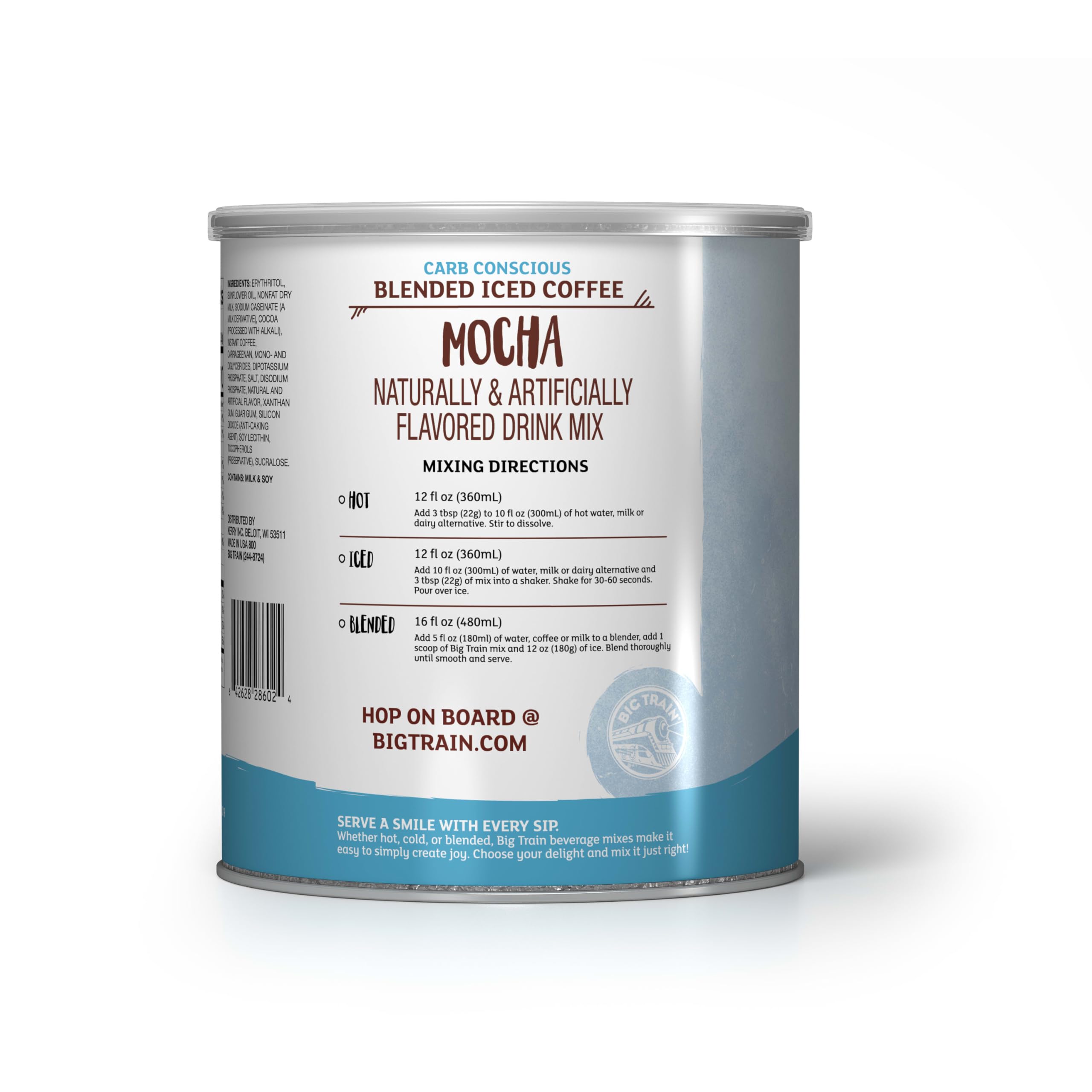Tub of Big Train Low Carb Mocha mix with spoon ready