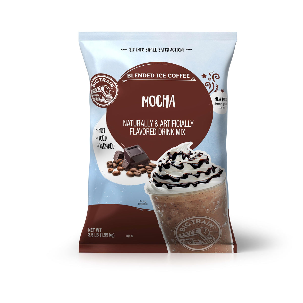 Big Train Mocha Blended Ice Coffee Mix packaging highlights premium ingredients for cafe-style drinks.