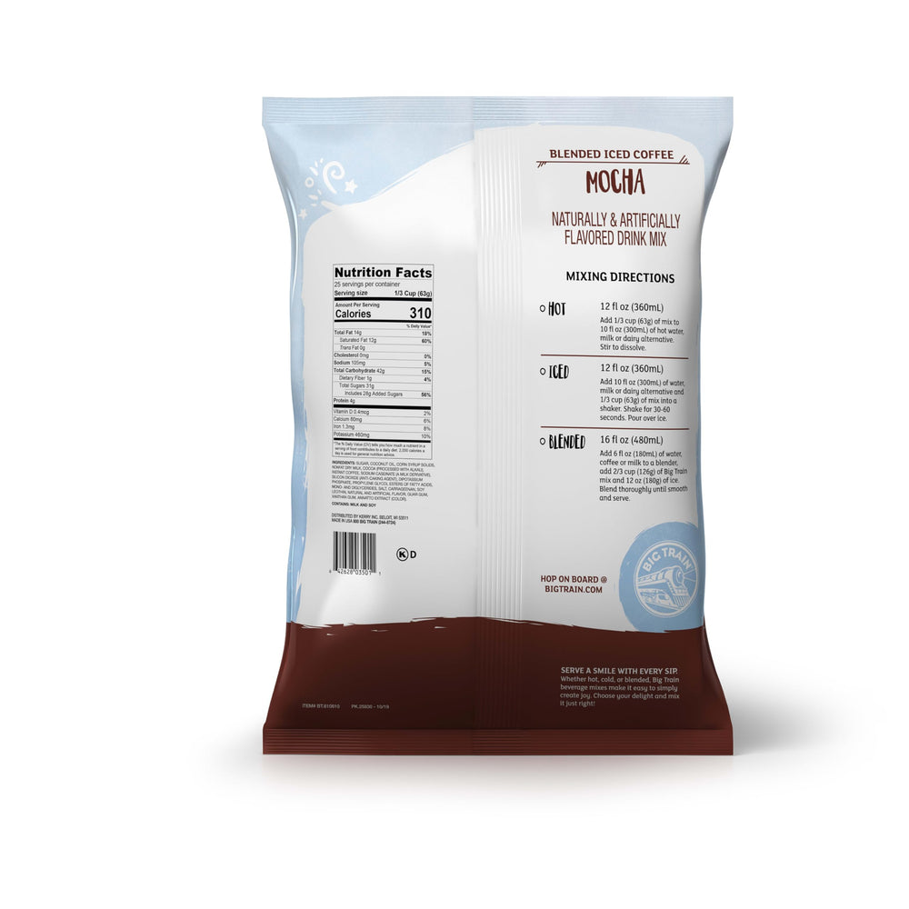 Big Train Mocha Blended Ice Coffee Mix tub labeling emphasizes rich chocolate flavor for at-home beverages.