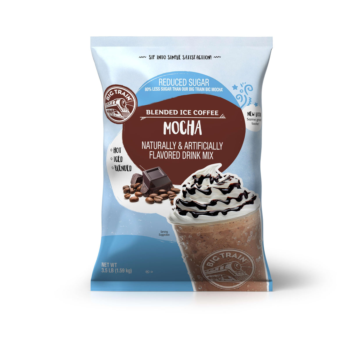 Big Train Reduced Sugar Mocha blended ice coffee mix shown in packaging for home use and cafés