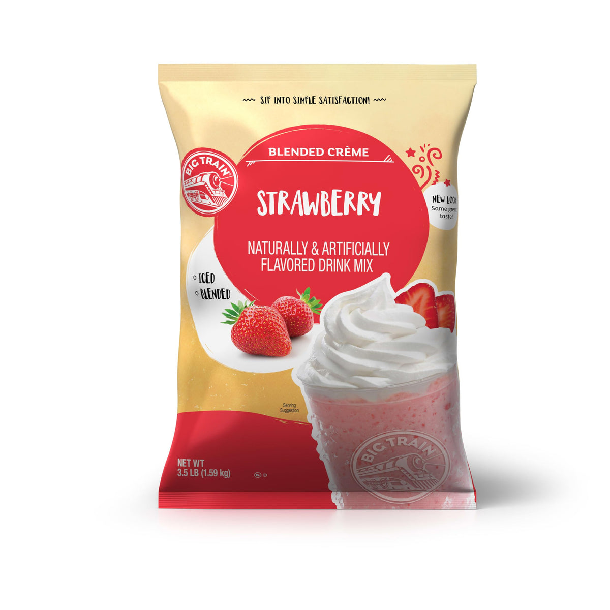 Big Train Strawberry Blended Crème Mix bag shown for quick café-style beverages at home.