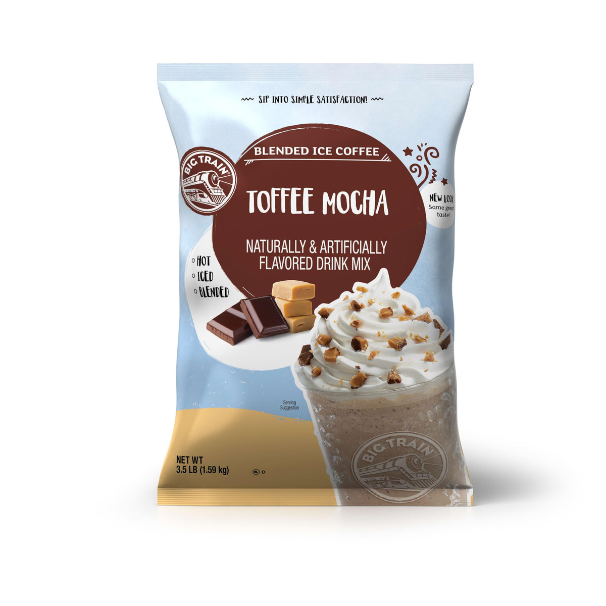 Big Train Toffee Mocha Blended Ice Coffee with toffee chunks for café-quality frappe.